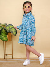 Blue & White Floral Print Full Sleeves Shirt Dress