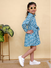 Blue & White Floral Print Full Sleeves Shirt Dress