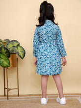 Blue & White Floral Print Full Sleeves Shirt Dress