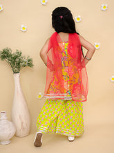 Girls Floral Printed Shoulder Straps Pure Cotton Kurta With Sharara & Dupatta