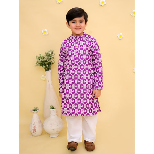 Boys Geometric Printed Cotton Kurta with Pyjamas
