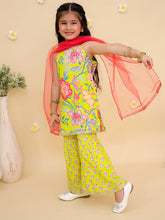 Girls Floral Printed Shoulder Straps Pure Cotton Kurta With Sharara & Dupatta