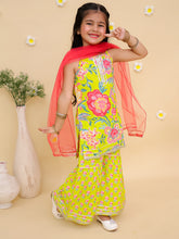 Girls Floral Printed Shoulder Straps Pure Cotton Kurta With Sharara & Dupatta