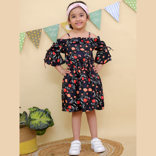 Black Floral Print Bell Sleeves Cold Shoulder Dress