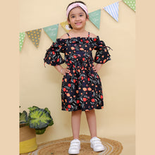 Black Floral Print Bell Sleeves Cold Shoulder Dress