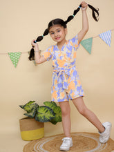 Orange & Purple Floral Print Short Sleeve Jumpsuit with Belt Tie Waist