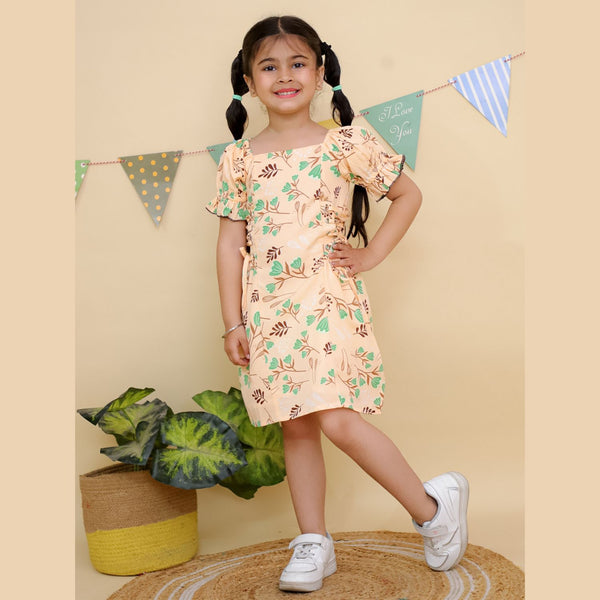 Beige & Green Floral Print Puff Sleeves Dress