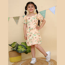 Beige & Green Floral Print Puff Sleeves Dress