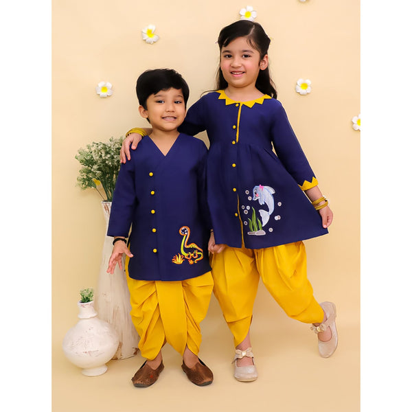 Girls Solid Embroidered Cotton A-Line Kurti with Dhoti Pants