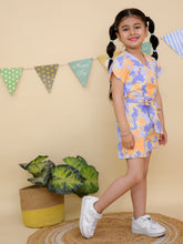 Orange & Purple Floral Print Short Sleeve Jumpsuit with Belt Tie Waist