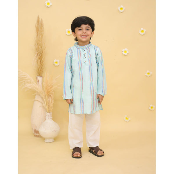 Boys Striped Knee Length Regular Pure Cotton Straight Kurta with Pyjamas