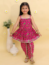 Girls Floral Printed Square Neck Gotta Patti Cotton Anarkali Kurti & Dhoti Pants