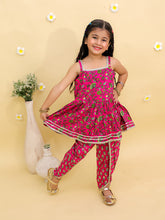 Girls Floral Printed Square Neck Gotta Patti Cotton Anarkali Kurti & Dhoti Pants