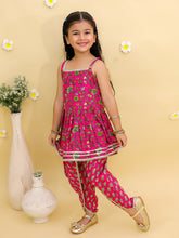 Girls Floral Printed Square Neck Gotta Patti Cotton Anarkali Kurti & Dhoti Pants