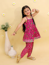 Girls Floral Printed Square Neck Gotta Patti Cotton Anarkali Kurti & Dhoti Pants