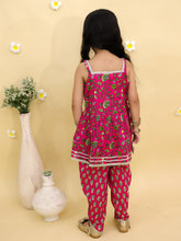 Girls Floral Printed Square Neck Gotta Patti Cotton Anarkali Kurti & Dhoti Pants