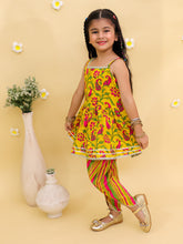 Girls Floral Printed Square Neck Gotta Patti Cotton Anarkali Kurti & Dhoti Pants