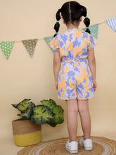 Orange & Purple Floral Print Short Sleeve Jumpsuit with Belt Tie Waist