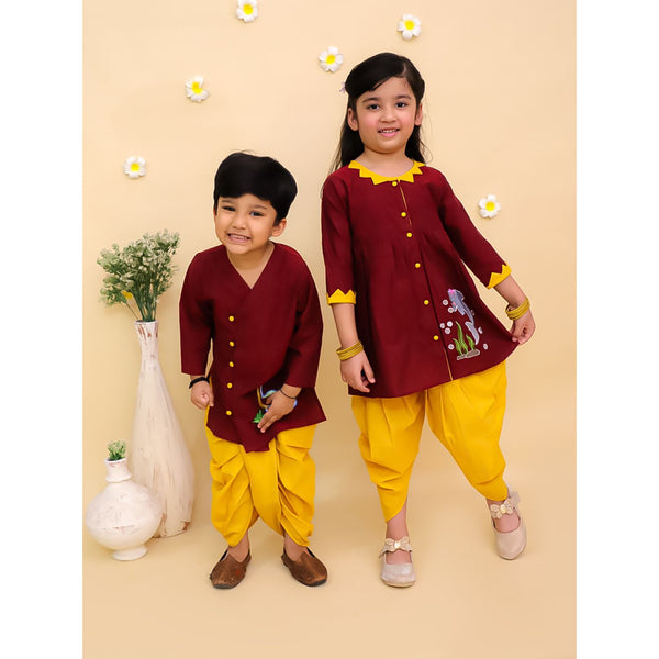 Boys Animal Embroidered Regular Thread Work Pure Cotton Kurta with Dhoti Pants
