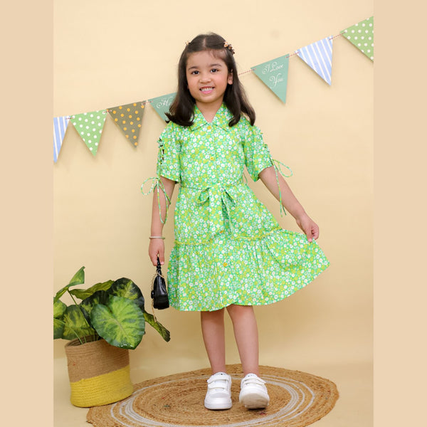 Green Floral Print Tiered Design with Tie Details Short Sleeve Shirt Dress