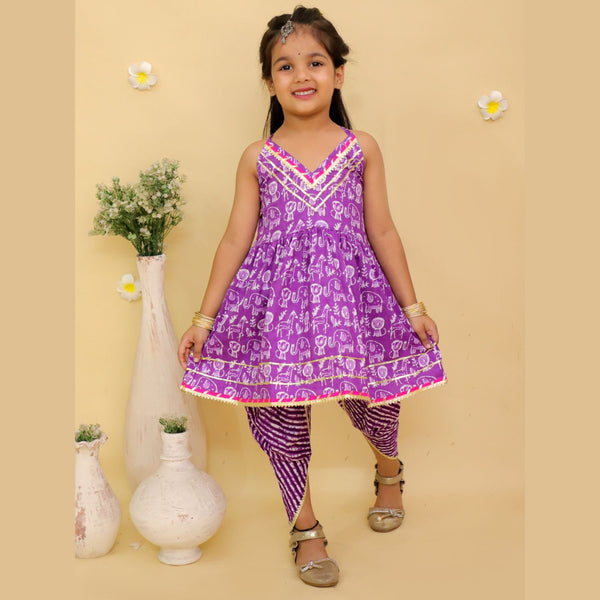 Girls Animal Printed Cotton Anarkali Kurta with Dhoti Pants