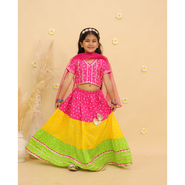 Girls Printed Ready To Wear Cotton Lehenga Blouse & Dupatta With Dandiya