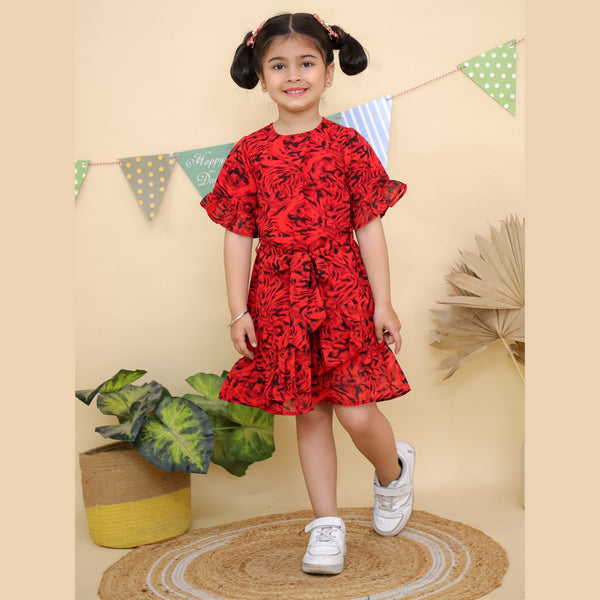 Red Floral Print Ruffle Short Sleeves Dress