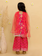 Girls Floral Printed Shoulder Straps Pure Cotton Kurta With Sharara & Dupatta