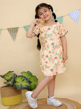 Beige & Green Floral Print Puff Sleeves Dress
