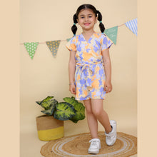 Orange & Purple Floral Print Short Sleeve Jumpsuit with Belt Tie Waist