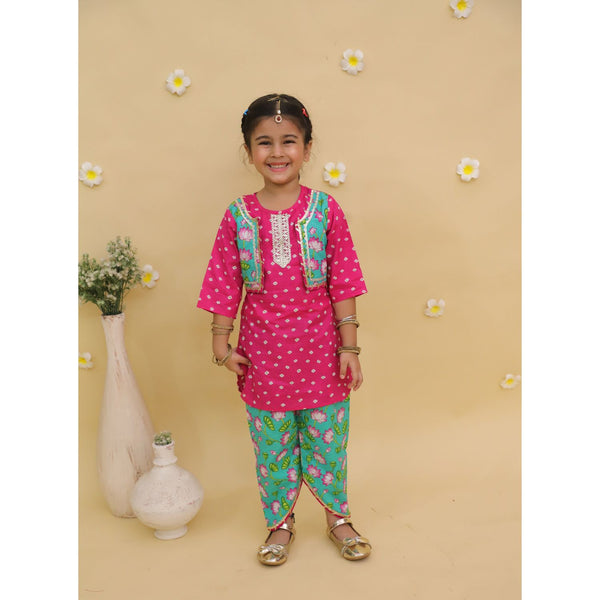 Girls Floral Printed Round Neck Pure Cotton Kurta With Dhoti Pant & Waistcoat
