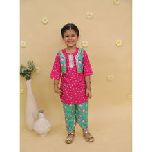 Girls Floral Printed Round Neck Pure Cotton Kurta With Dhoti Pant & Waistcoat