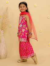 Girls Floral Printed Shoulder Straps Pure Cotton Kurta With Sharara & Dupatta