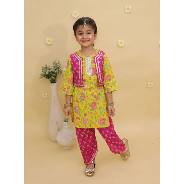 Girls Floral Printed Round Neck Pure Cotton Kurta With Dhoti Pant & Waistcoat