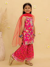 Girls Floral Printed Shoulder Straps Pure Cotton Kurta With Sharara & Dupatta