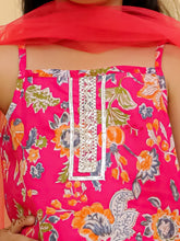 Girls Floral Printed Shoulder Straps Pure Cotton Kurta With Sharara & Dupatta