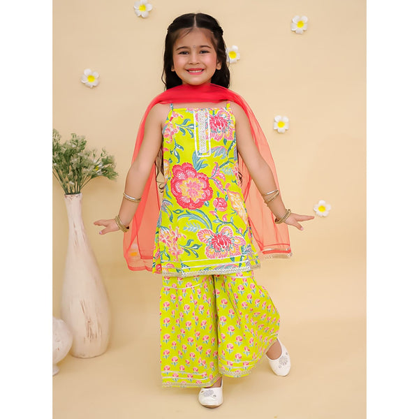 Girls Floral Printed Shoulder Straps Pure Cotton Kurta With Sharara & Dupatta