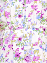 White & Purple Floral Print Ruffle Sleeves Dress
