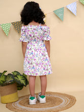 White & Purple Floral Print Ruffle Sleeves Dress