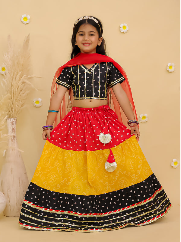 Girls Printed Ready To Wear Cotton Lehenga Blouse & Dupatta With Dandiya