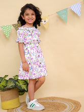 White & Purple Floral Print Ruffle Sleeves Dress