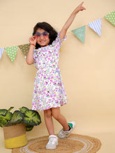 White & Purple Floral Print Ruffle Sleeves Dress