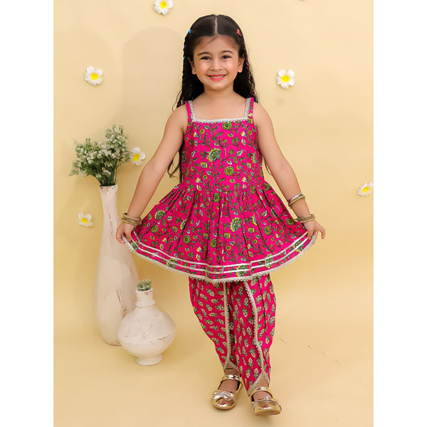 Girls Floral Printed Square Neck Gotta Patti Cotton Anarkali Kurti & Dhoti Pants