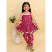 Girls Floral Printed Square Neck Gotta Patti Cotton Anarkali Kurti & Dhoti Pants