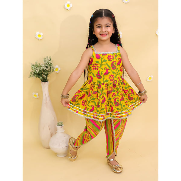 Girls Floral Printed Square Neck Gotta Patti Cotton Anarkali Kurti & Dhoti Pants