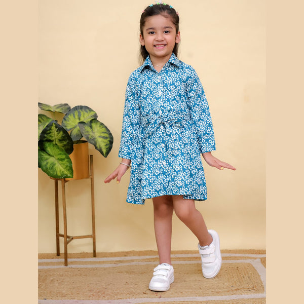 Blue & White Floral Print Full Sleeves Shirt Dress