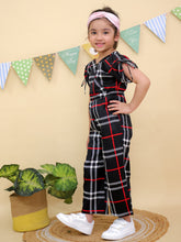 Black and Red Check Pattern Plaid Jumpsuit with Side Ties