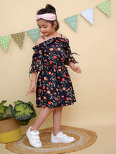 Black Floral Print Bell Sleeves Cold Shoulder Dress