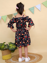 Black Floral Print Bell Sleeves Cold Shoulder Dress