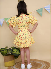 Yellow Floral Print Puff Sleeve Dress with Ruffle Hem
